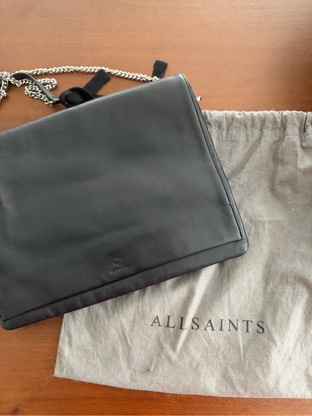 All Saints Black Leather Messenger Bag with Silver Chain Strap